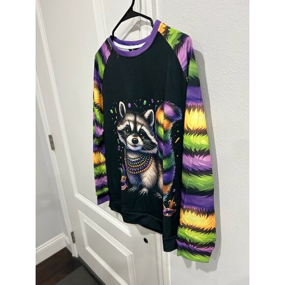 Shall We Mardi Gras Raccoon Sweatshirt Black Multi Sz Large Polyester Relaxed - Picture 3 of 11